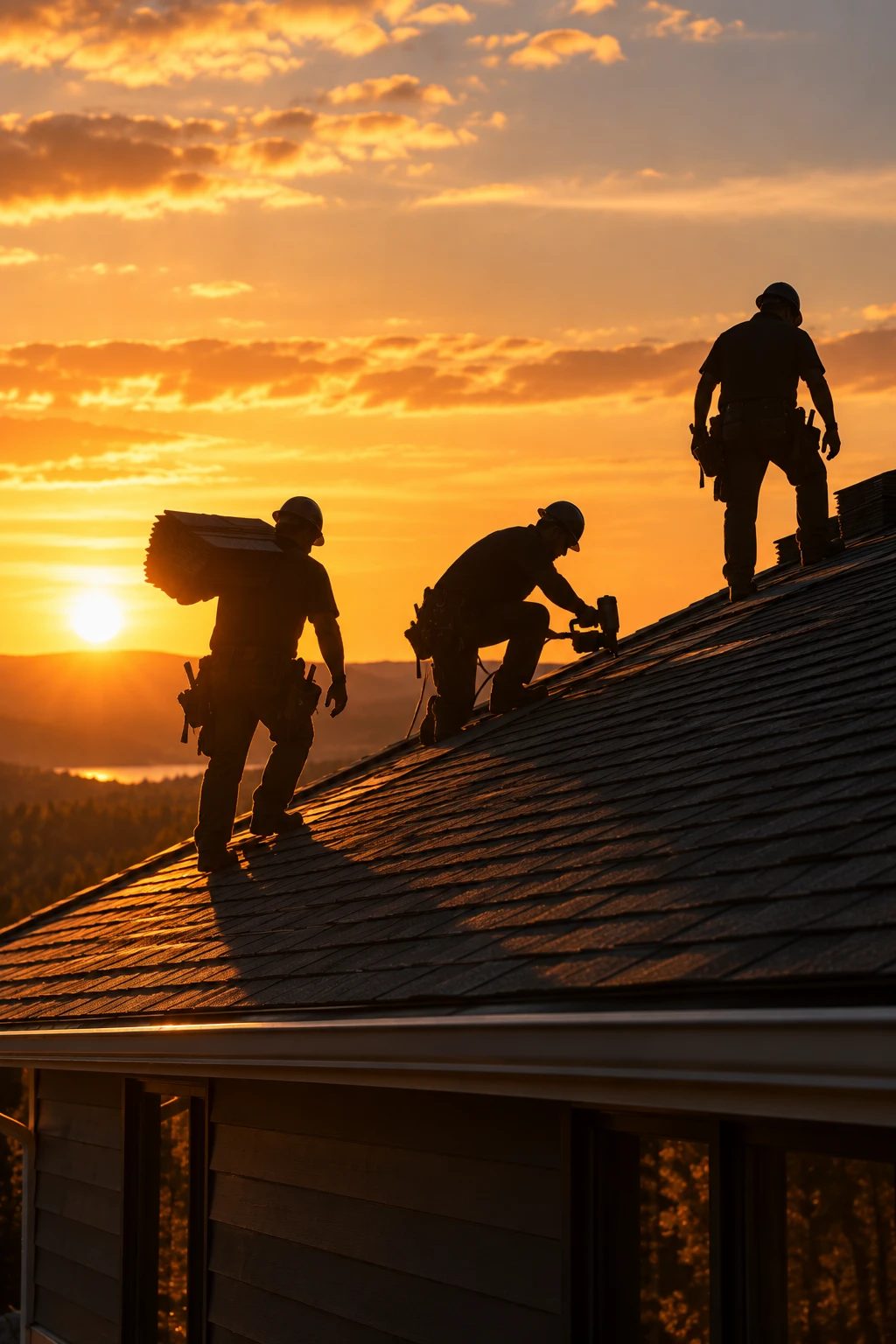 Couvreurs au travail sur un toit en bardeau au coucher du soleil