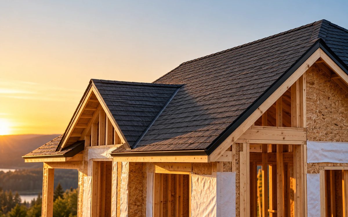 Maison neuve en construction avec sa toiture en bardeau terminée